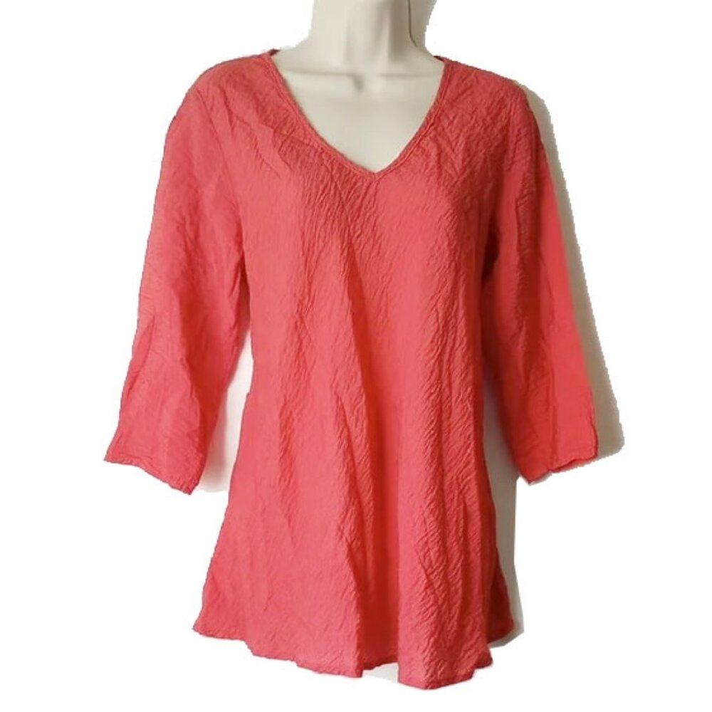 Cut Loose Crinkled V-Neck 3/4 Sleeve Flare Top M Coral Dark Salmon